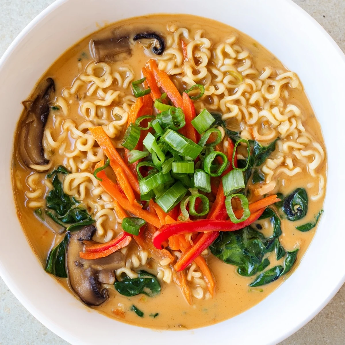 A close-up shot of hot Curry Coconut Ramen, showcasing creamy broth and perfectly cooked noodles.