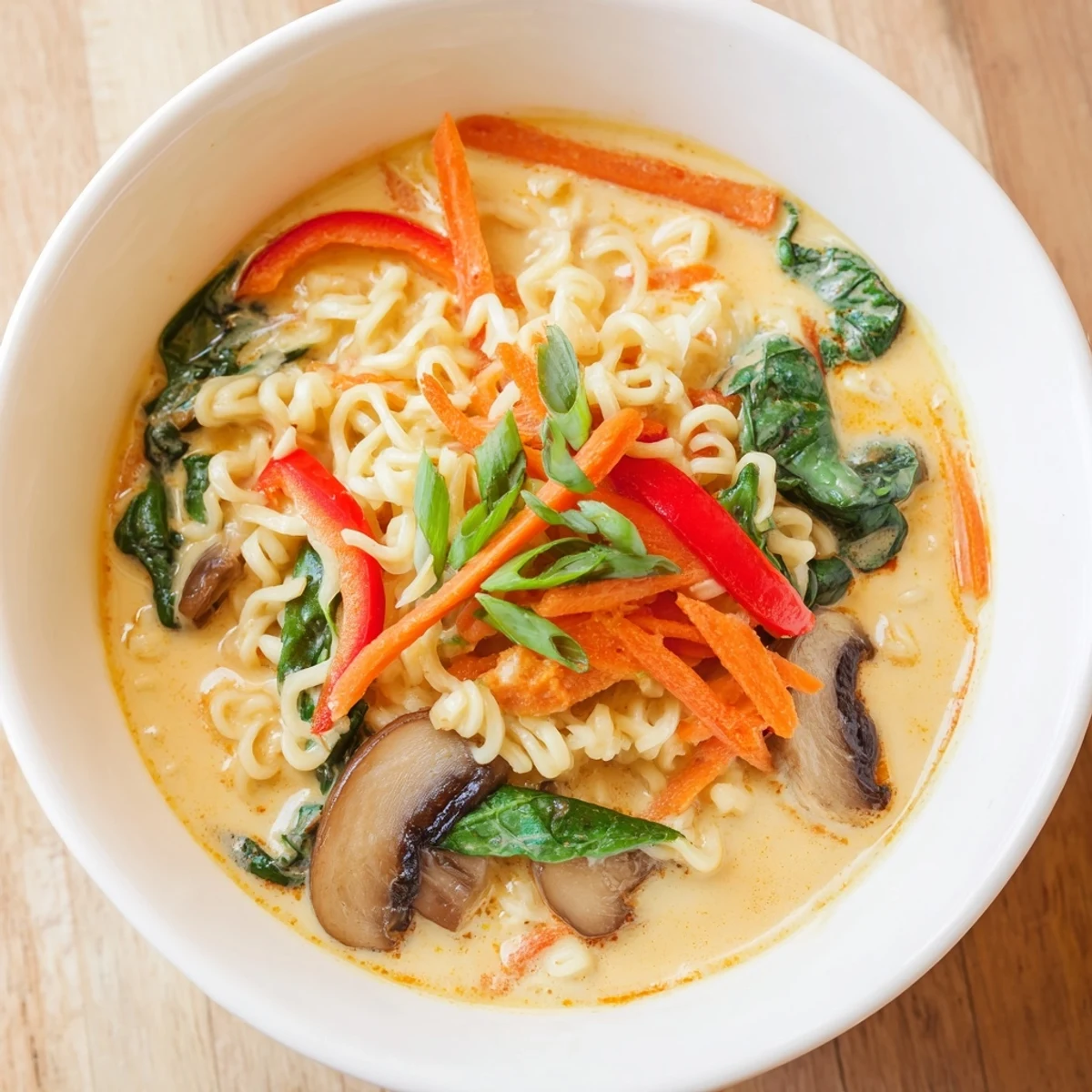 Delicious, vegetarian Curry Coconut Ramen, garnished with lime wedges and green onions for extra flavor.