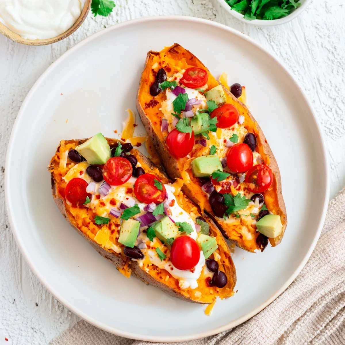 A close-up of a loaded baked sweet potato, showcasing a colorful array of ingredients and creamy texture.