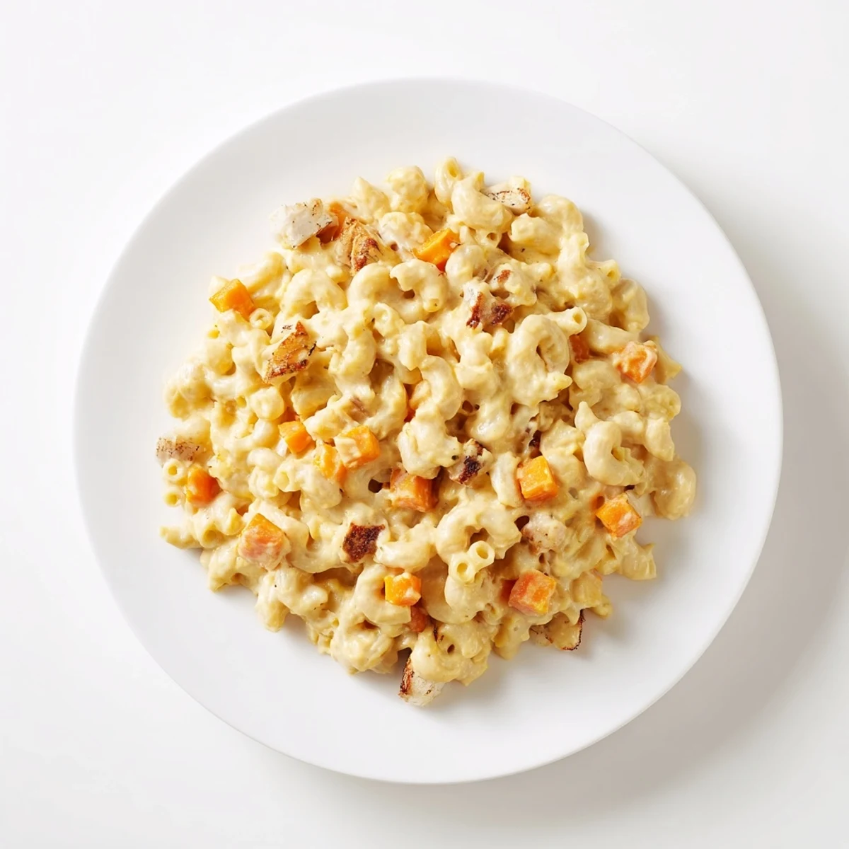 One-Pot Butternut Squash Mac & Cheese: A close-up view of creamy, cheesy pasta topped with fresh herbs.