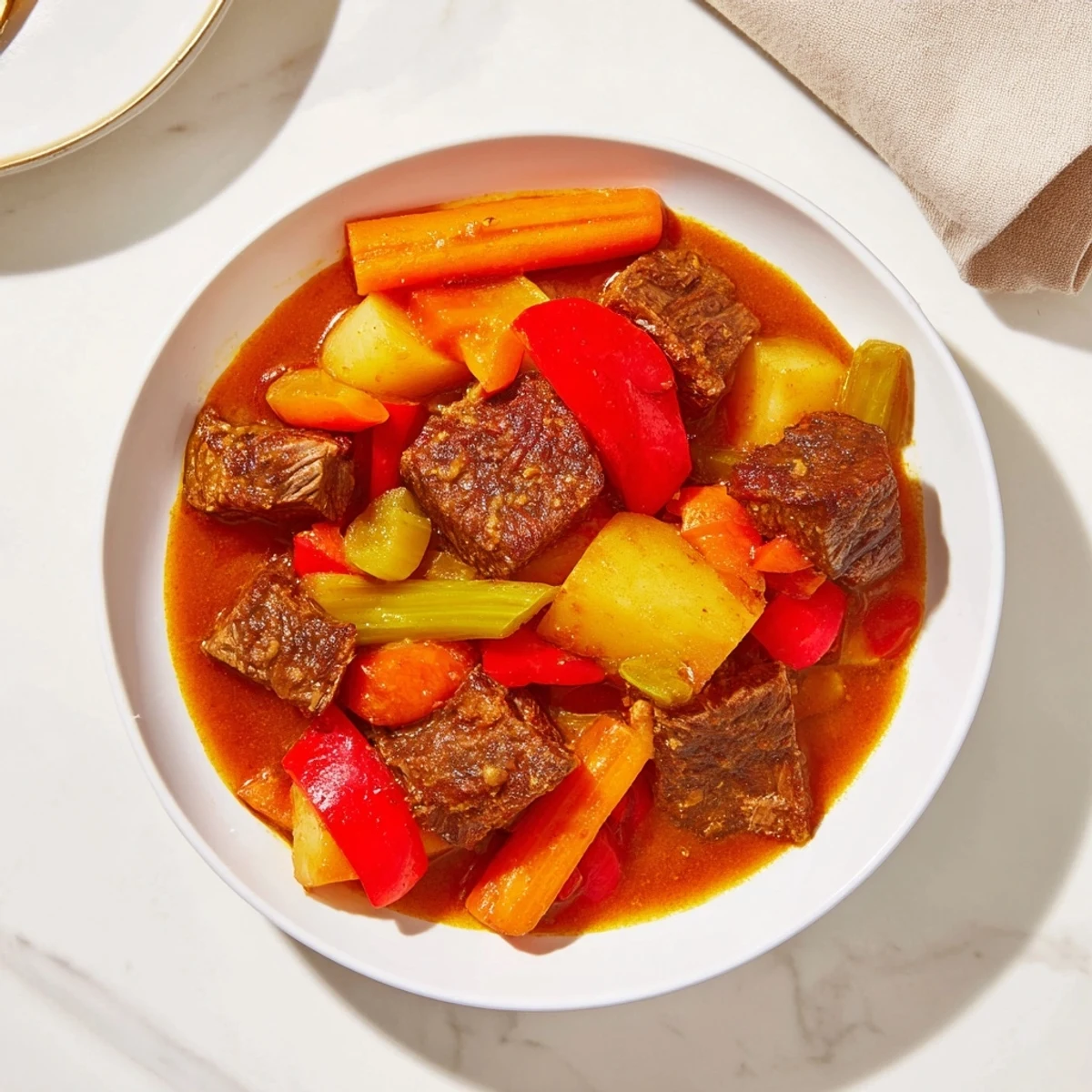 Tender beef and vegetables in a flavorful Smoked Paprika & Garlic Beef Stew, ready to serve.