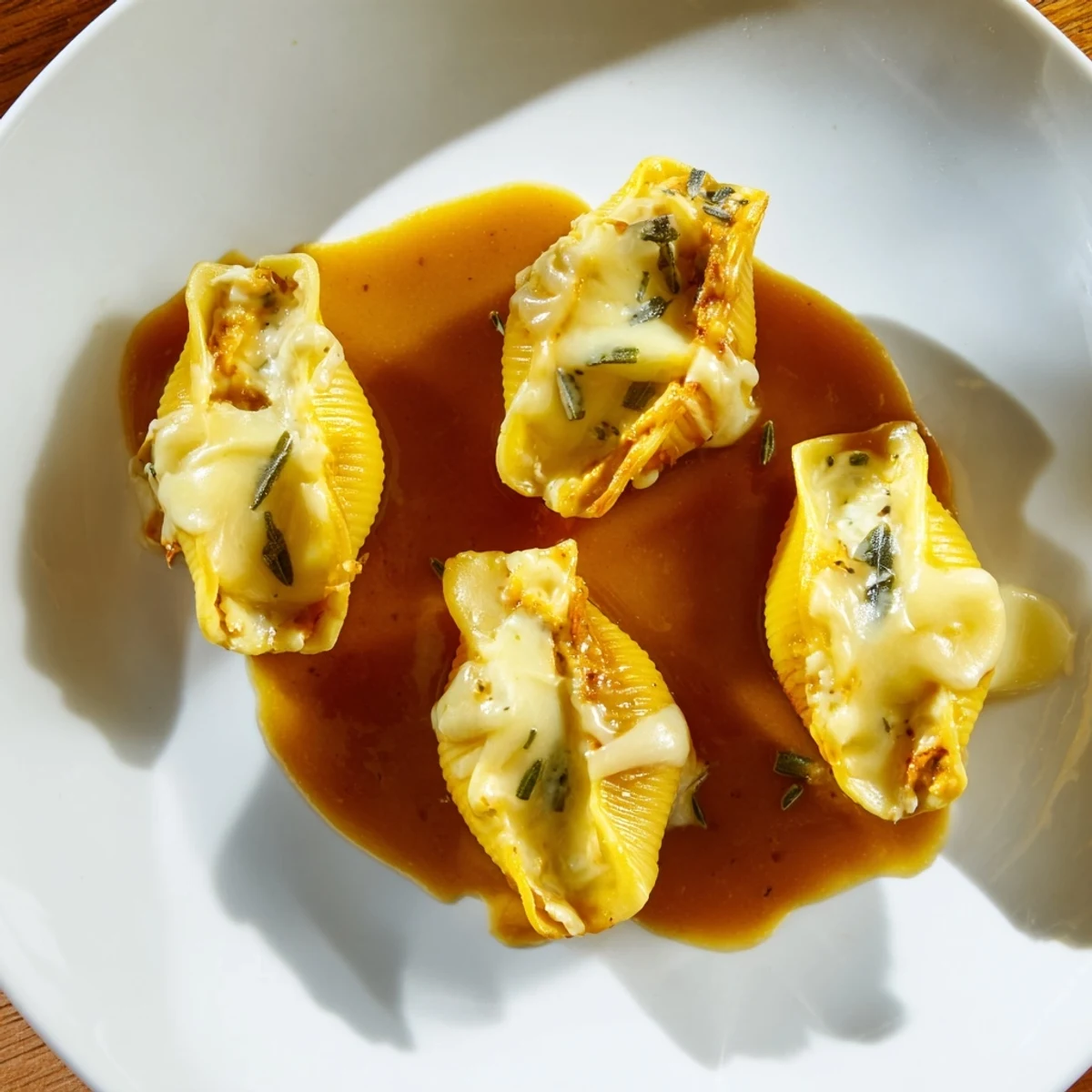 Golden-brown Pumpkin & Gouda Stuffed Shells, bubbling with cheese, topped with fresh sage, ready to serve.