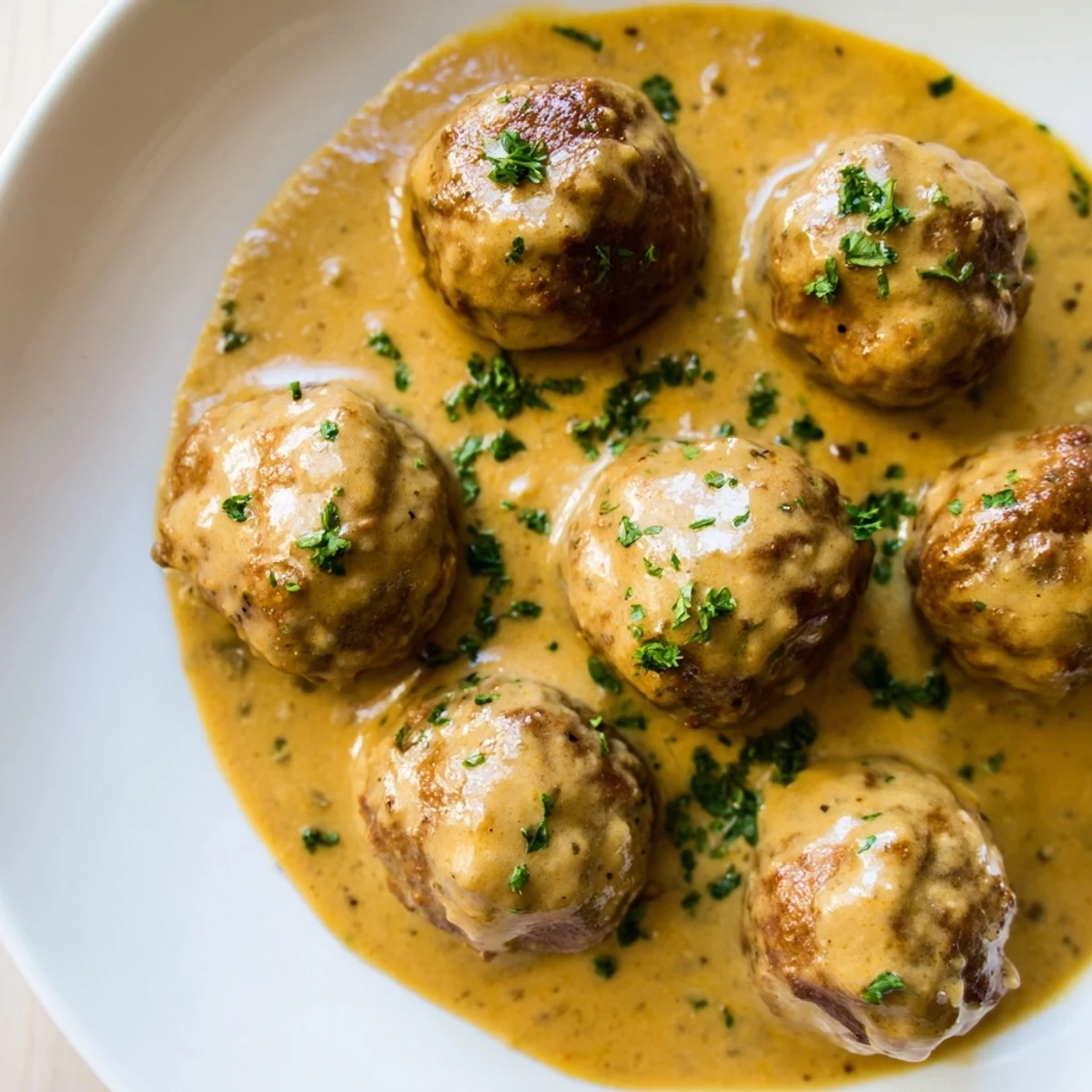 Golden-brown turkey meatballs simmered in a creamy pumpkin sage sauce, ready for dinner.