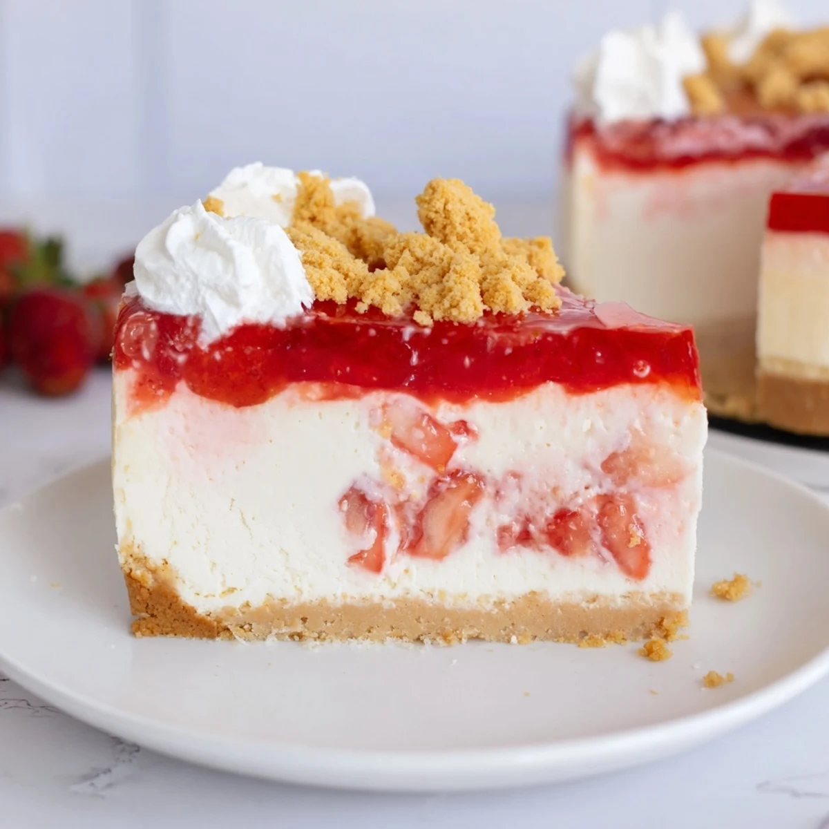 Indulgent strawberry shortcake cheesecake, a delightful dessert perfect for any special occasion, ready to be served.