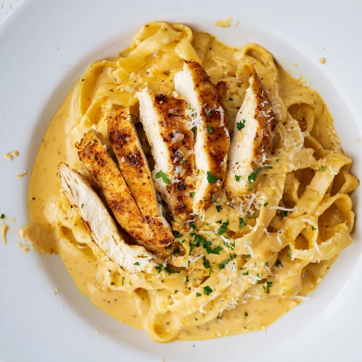 Steaming bowl of Cajun Chicken Alfredo Fettuccine pasta with juicy chicken and creamy, cheesy sauce.