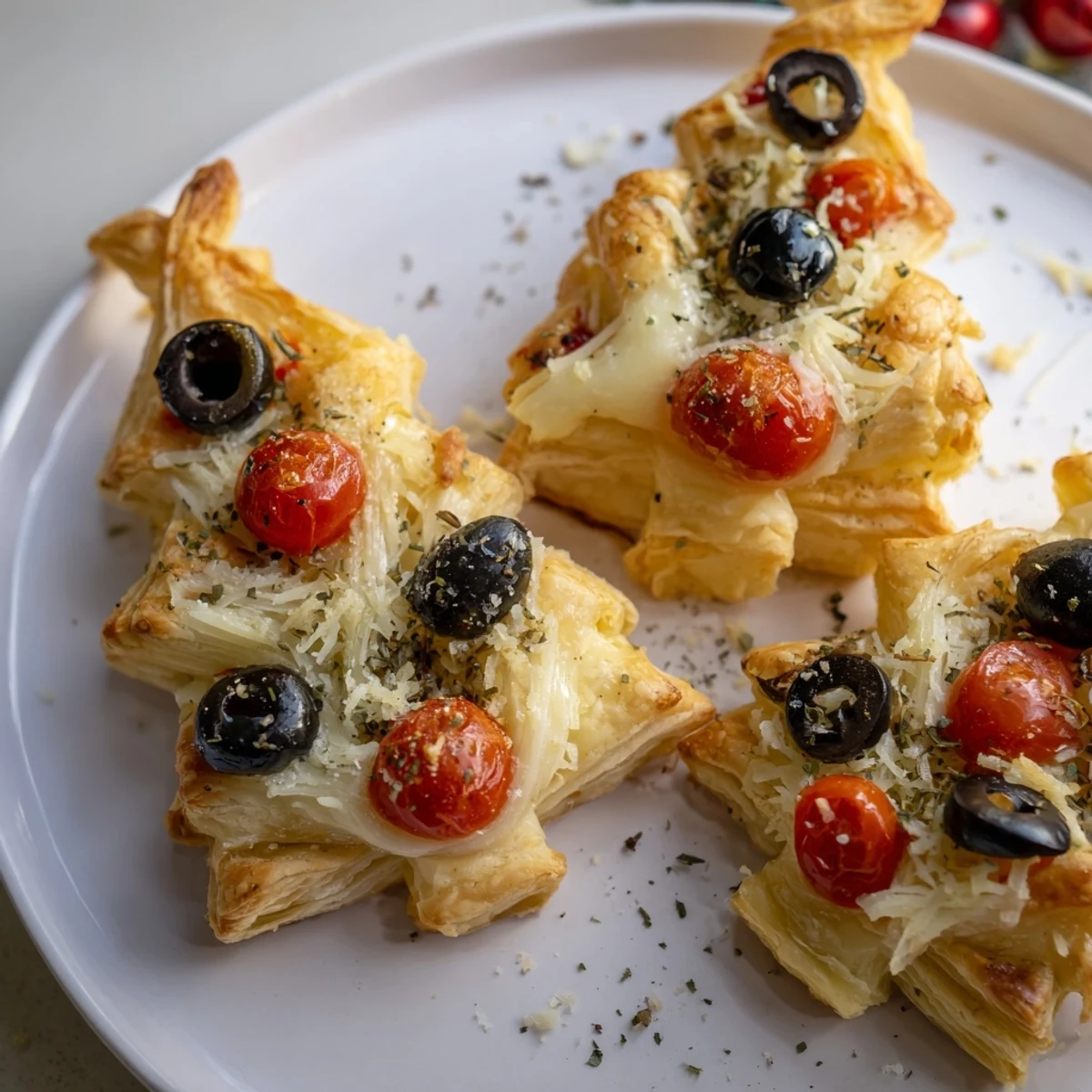 Golden, flaky Puff Pastry Christmas Tree Pizza Bites bursting with melted cheese and fresh basil.