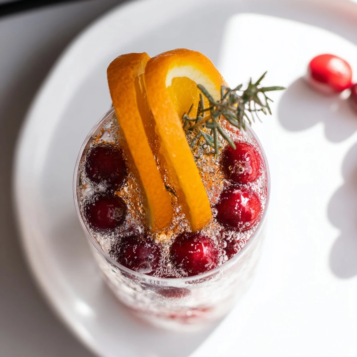 Festive Snow Globe Mocktail featuring frozen cranberries, citrus, and a hint of winter's charm.