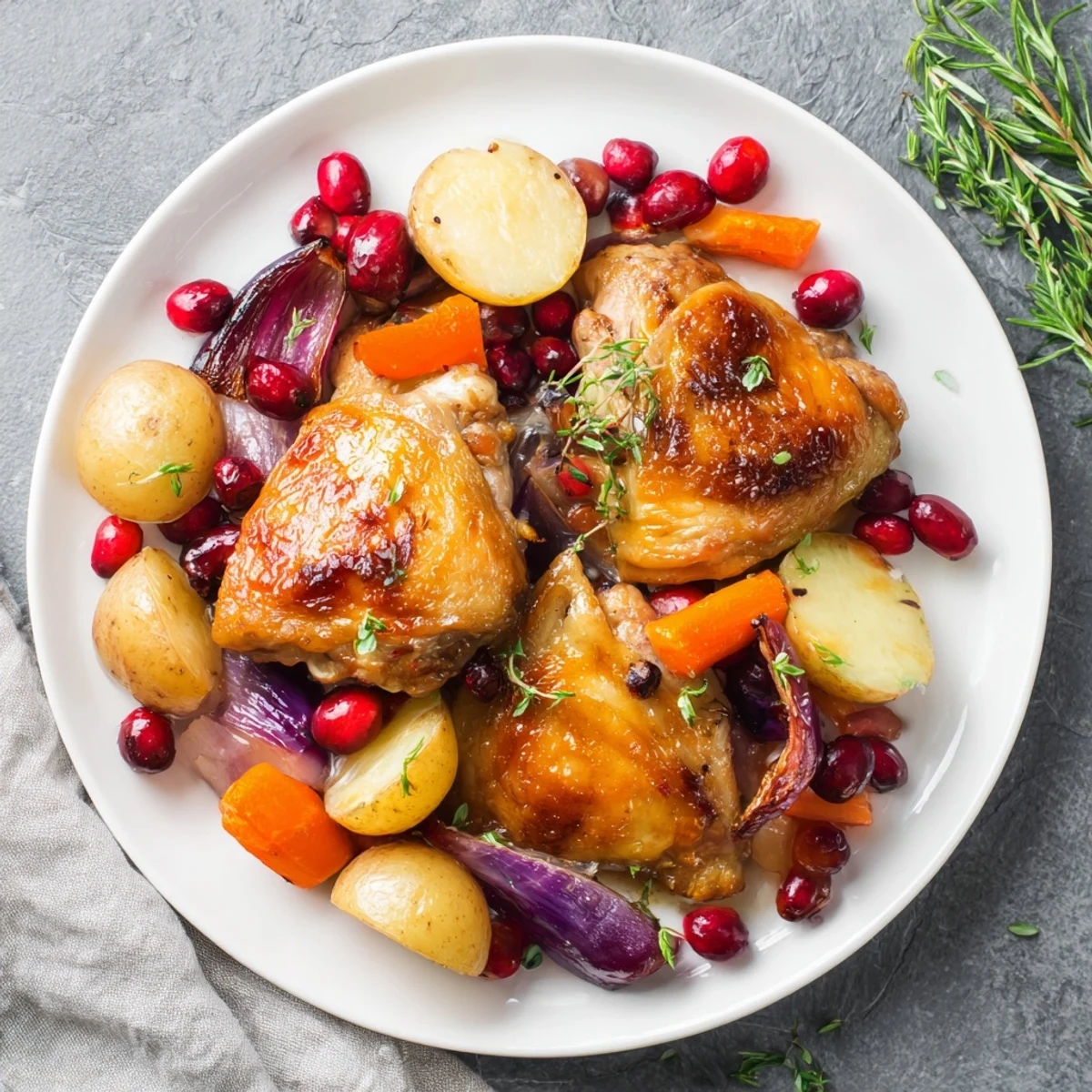Golden-skinned One-Pan Olive Oil Roast Chicken, tender vegetables, and ruby cranberries simmer in pan juices.