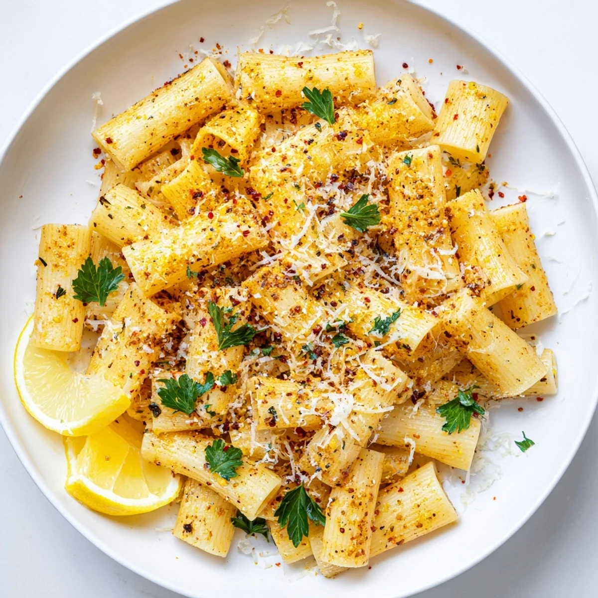 A close-up shot of perfectly cooked Spicy Lemon-Parmesan Pasta Chips, sprinkled with fresh parsley and cheese.
