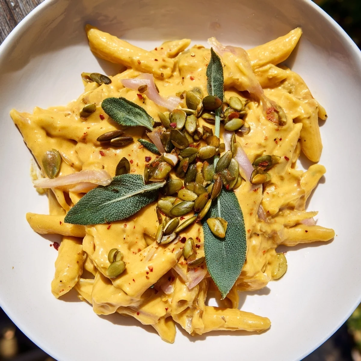 Vibrant orange Vegan Creamy Pumpkin Pasta with penne, inviting with a creamy sauce and rustic charm.