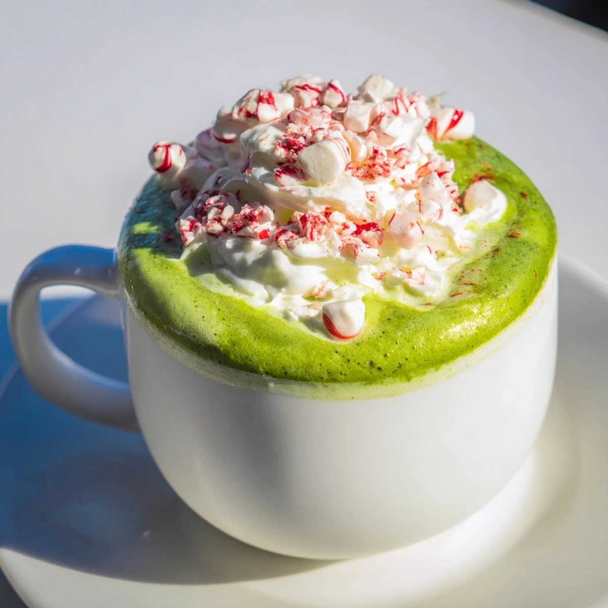 Steaming frothy Cozy Peppermint Matcha Christmas Lattes, topped with whipped cream and crushed candies, await serving.