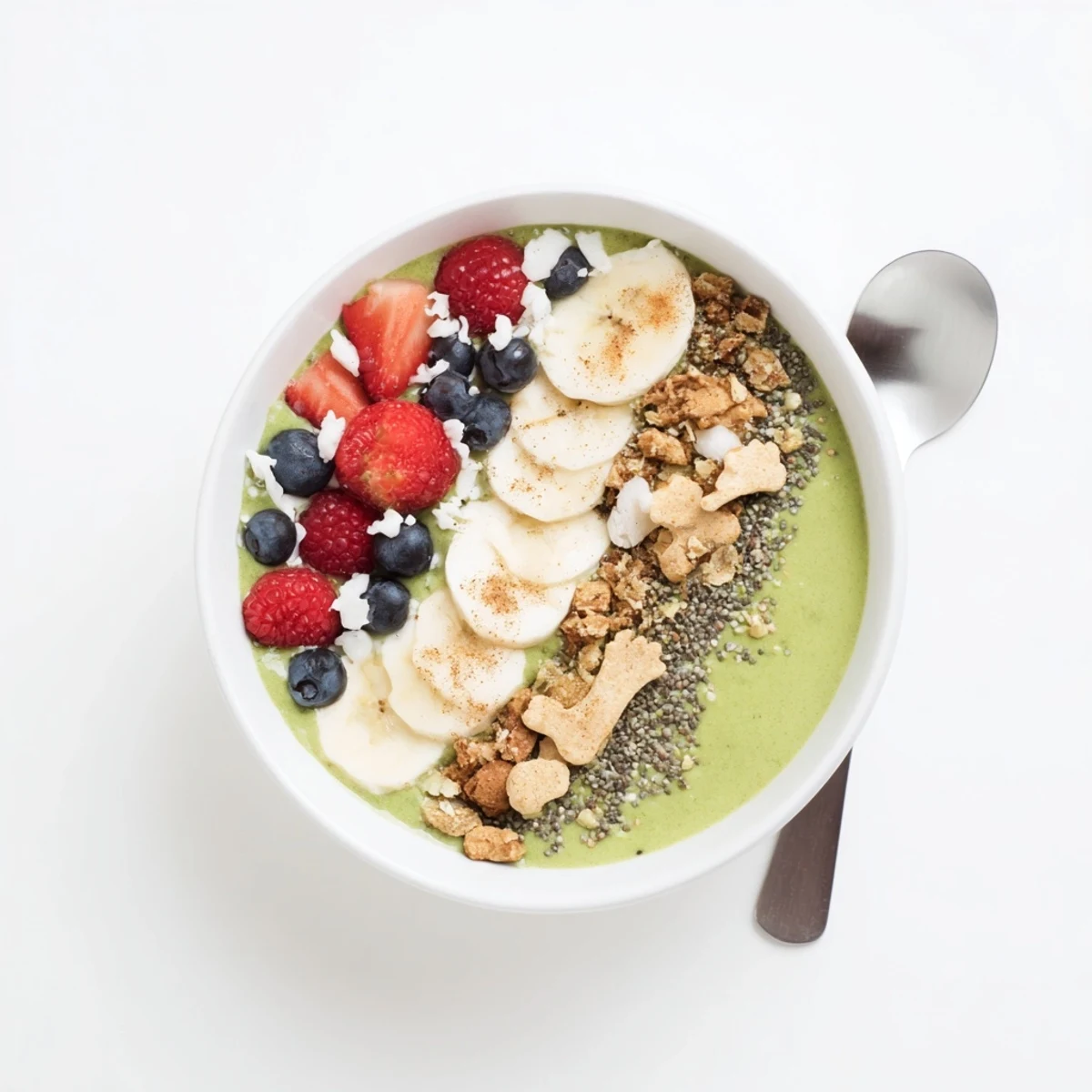 A delicious, festive Gingerbread Cookie Matcha Smoothie Bowl with fresh berries, perfect for breakfast.
