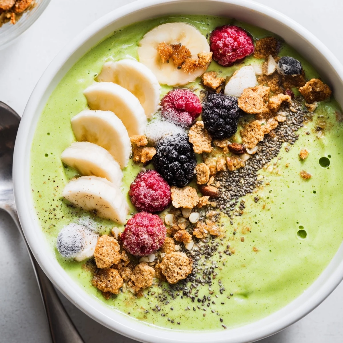 Enjoy a healthy Gingerbread Cookie Matcha Smoothie Bowl, a beautifully layered breakfast with spice and flavor.