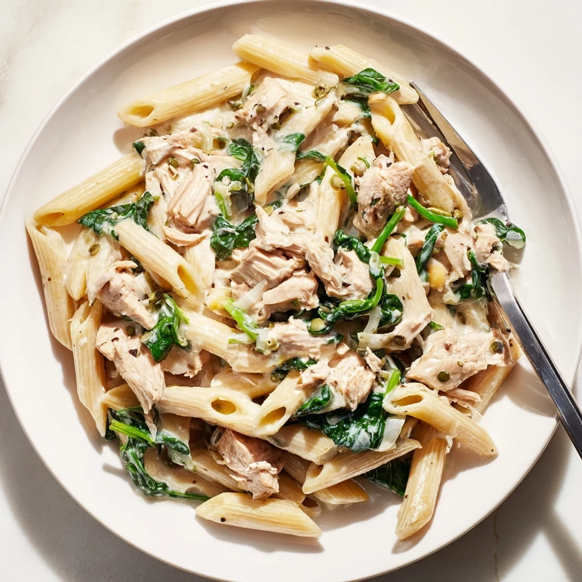 Tender turkey and creamy sauce mingle in this festive One-Pot Spinach & Turkey Christmas Pasta.