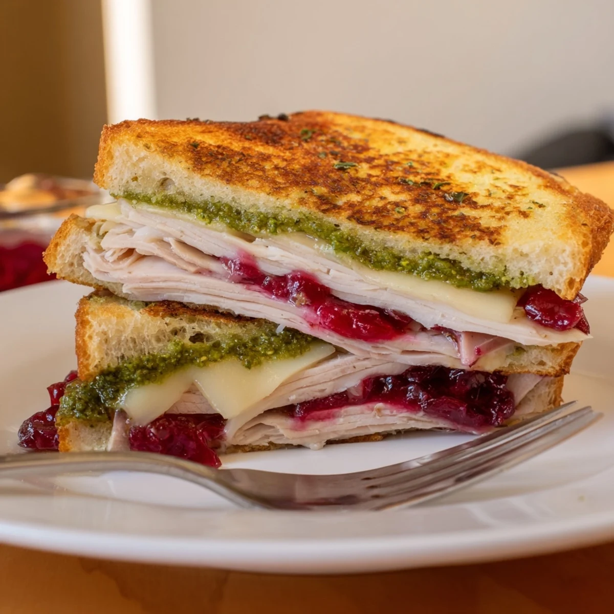 Golden-brown Pesto Cranberry Turkey Grilled Cheese Melt, gooey cheese oozing from toasted sourdough.