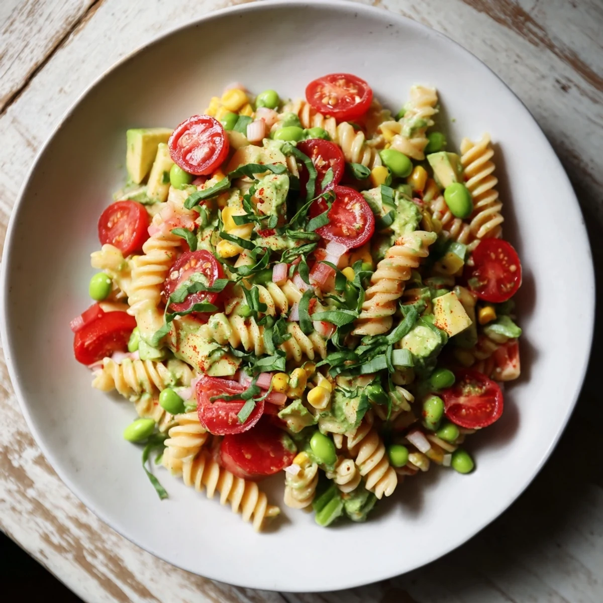 Vibrant Holiday Glow Green Goddess Protein Pasta Salad, featuring creamy dressing and colorful vegetables.