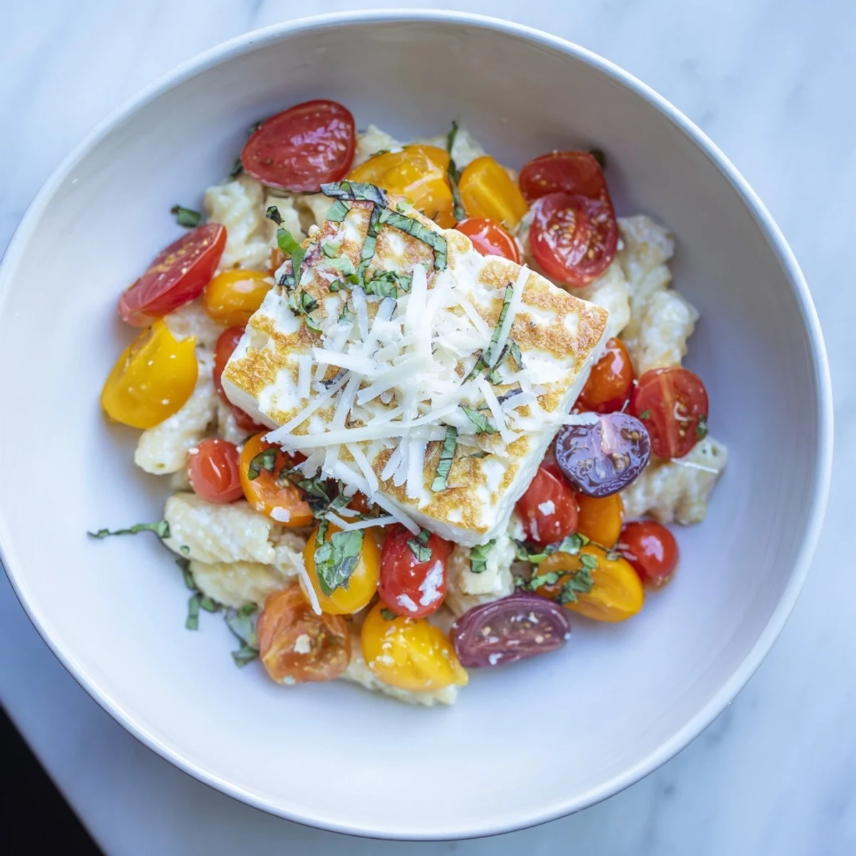 Baked feta snowfall cherry tomato pasta, a vibrant, creamy Christmas pasta dish with warm roasted feta.