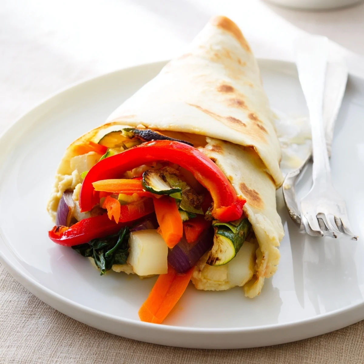 Snowflake Hummus & Roasted Veggie Wrap, showcasing colorful, tender roasted vegetables wrapped in a tortilla.