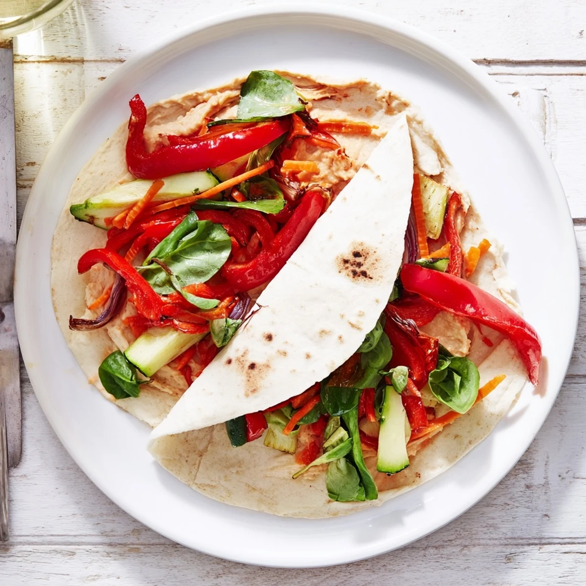 Homemade Snowflake Hummus & Roasted Veggie Wraps, a flavorful and easy-to-make vegan lunch or light dinner.