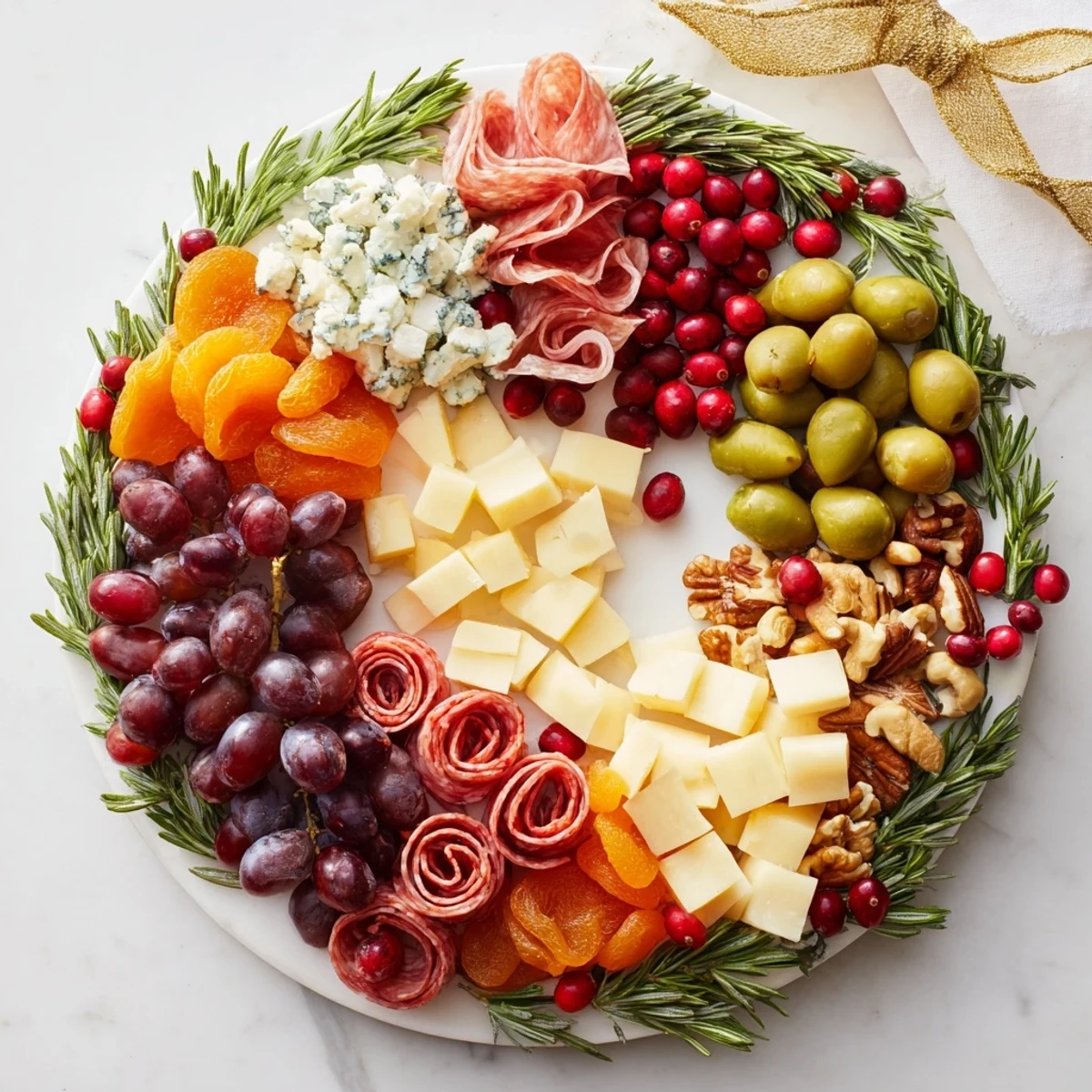 Artfully arranged Holiday Wreath Cheese Platter, offering a delightful combination of textures ready to serve.