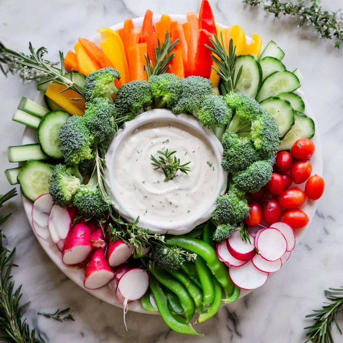 Festive Wreath Veggie Dip Platter: a delicious, healthy appetizer with a central creamy dip surrounded by veggies.