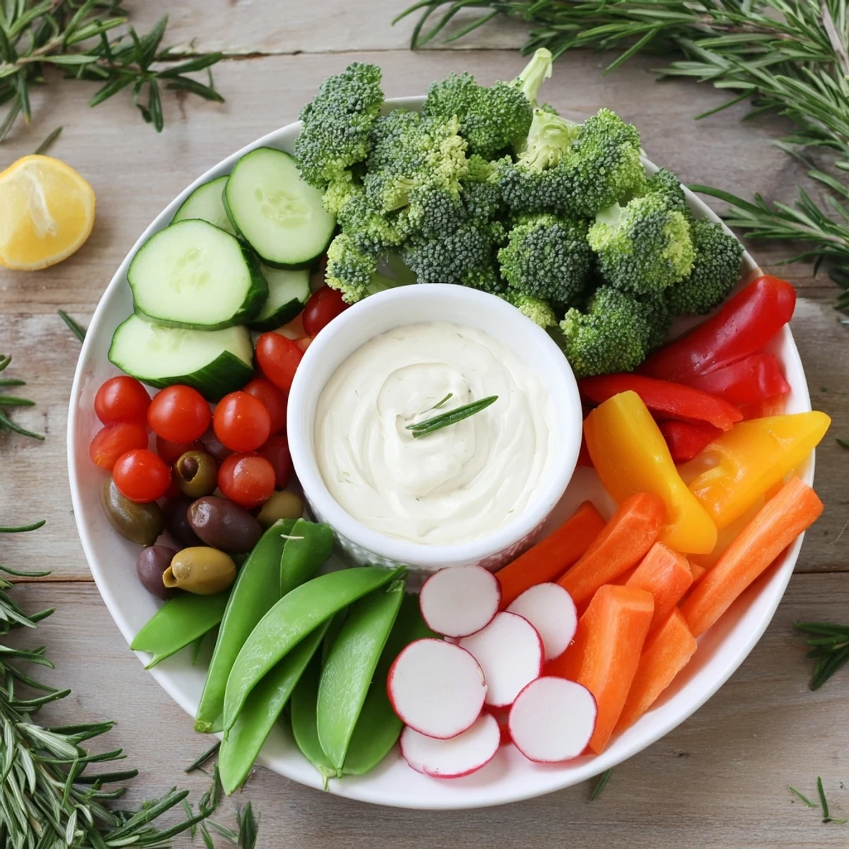 Vibrant Wreath Veggie Dip Platter featuring a colorful array of fresh, crisp vegetables with creamy ranch.