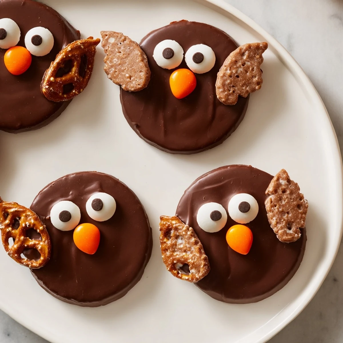 Vibrant Hoot Hoot Owl-Themed Treat Tray arranged with rice krispie owl shapes, cookies, and fruit skewers.