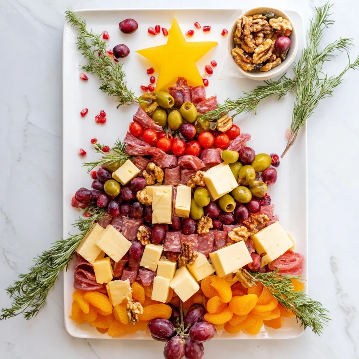 Festive Christmas Tree Charcuterie Dream featuring an array of cheeses, meats, fruits, and crackers, beautifully arranged.