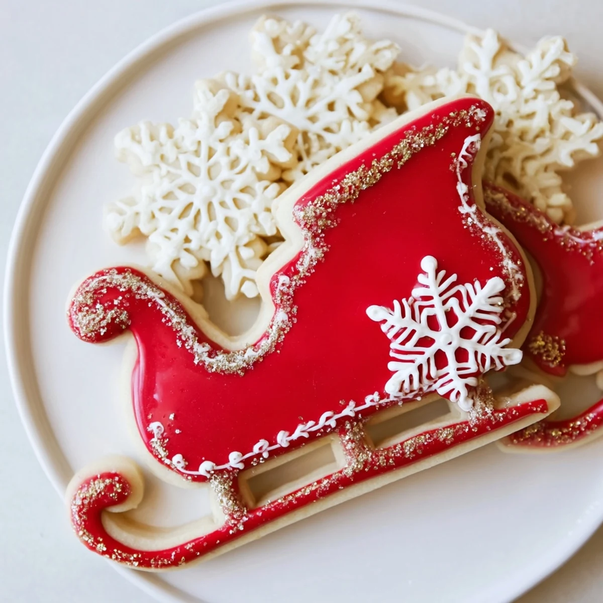 Festive Santa's Sleigh Cookie Display with elaborately iced reindeer and colorful holiday accents, perfect for Christmas.