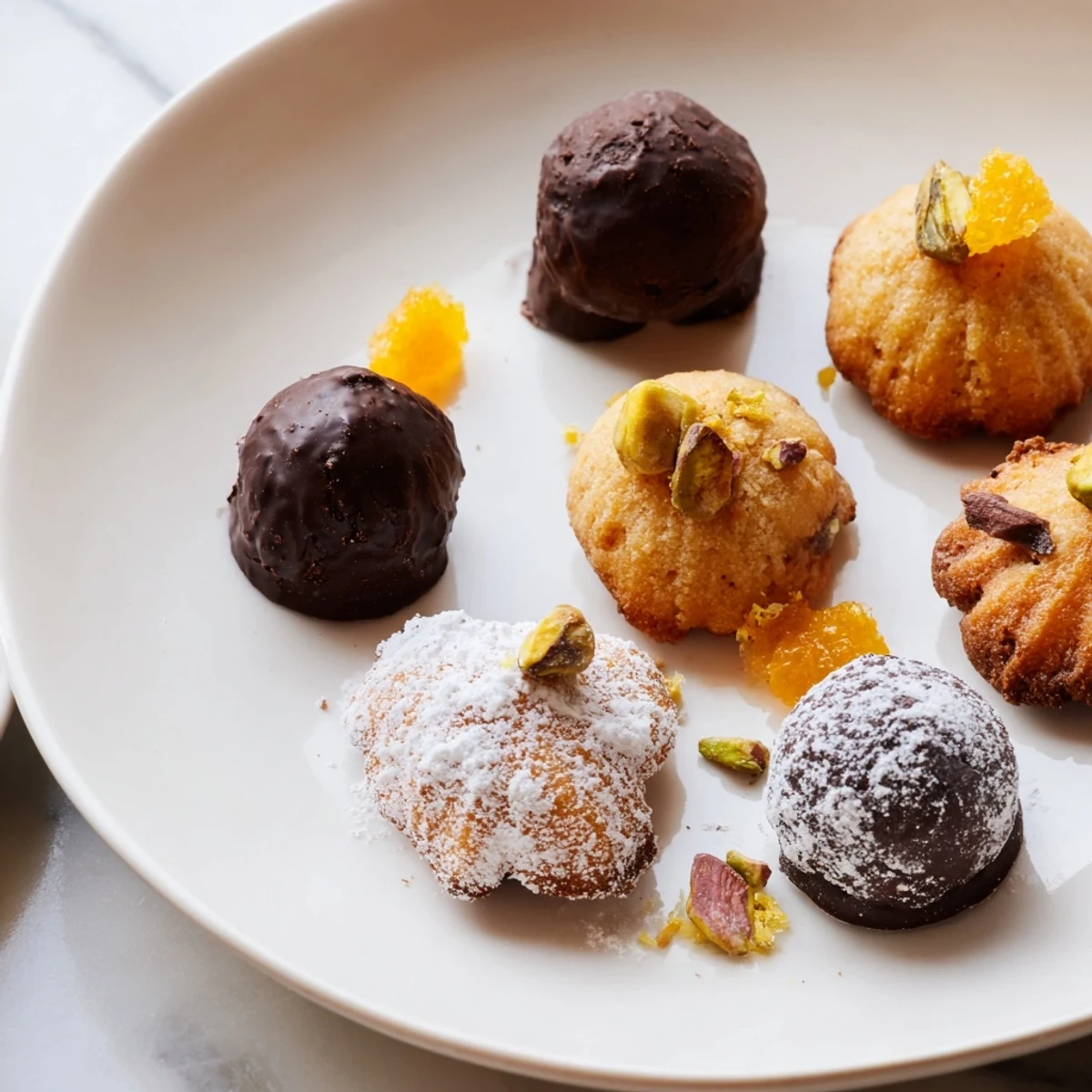 Beautiful selection of Mignardises Bonne Année 2026: mini financiers, truffles, and madeleines dusted with sugar.