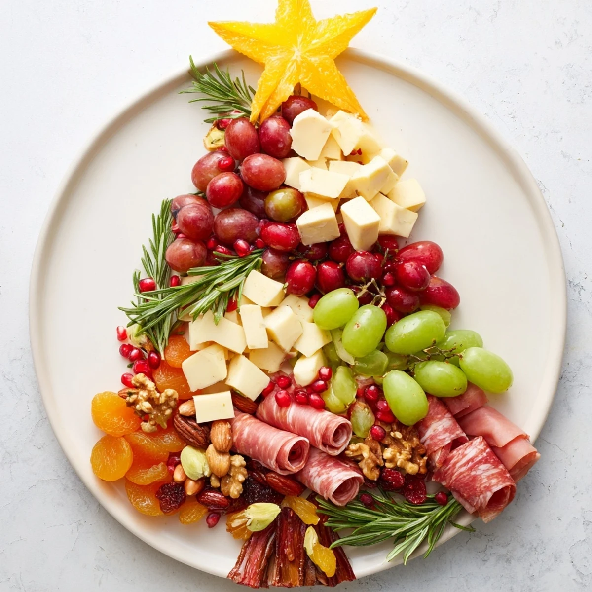 Festive Holiday Tree Appetizer Platter arranged with colorful cheeses, fruits, and meats, ready to be enjoyed.