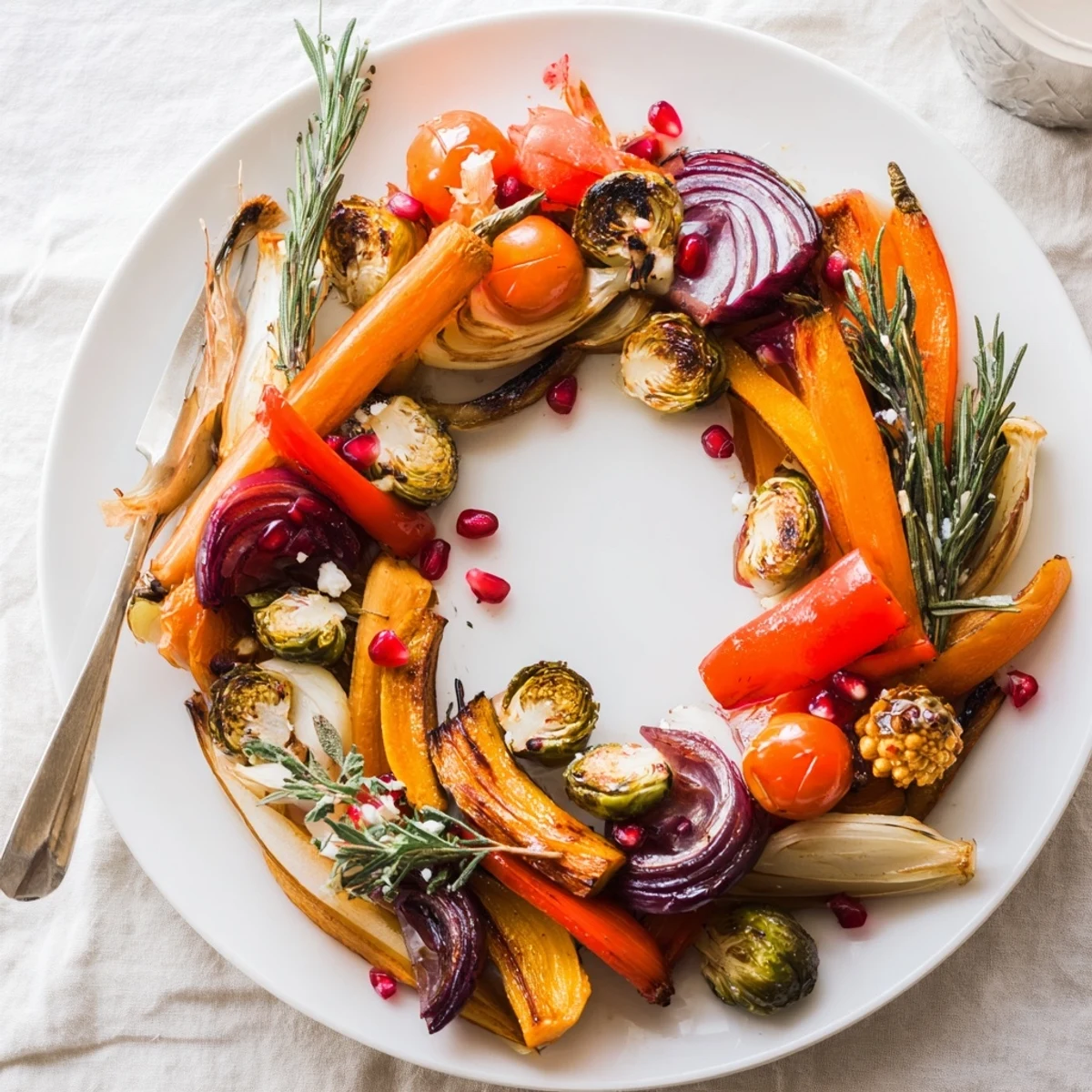 Vibrant Festive Vegetable Christmas Wreath arranged on a platter, showcasing roasted, colorful winter vegetables.