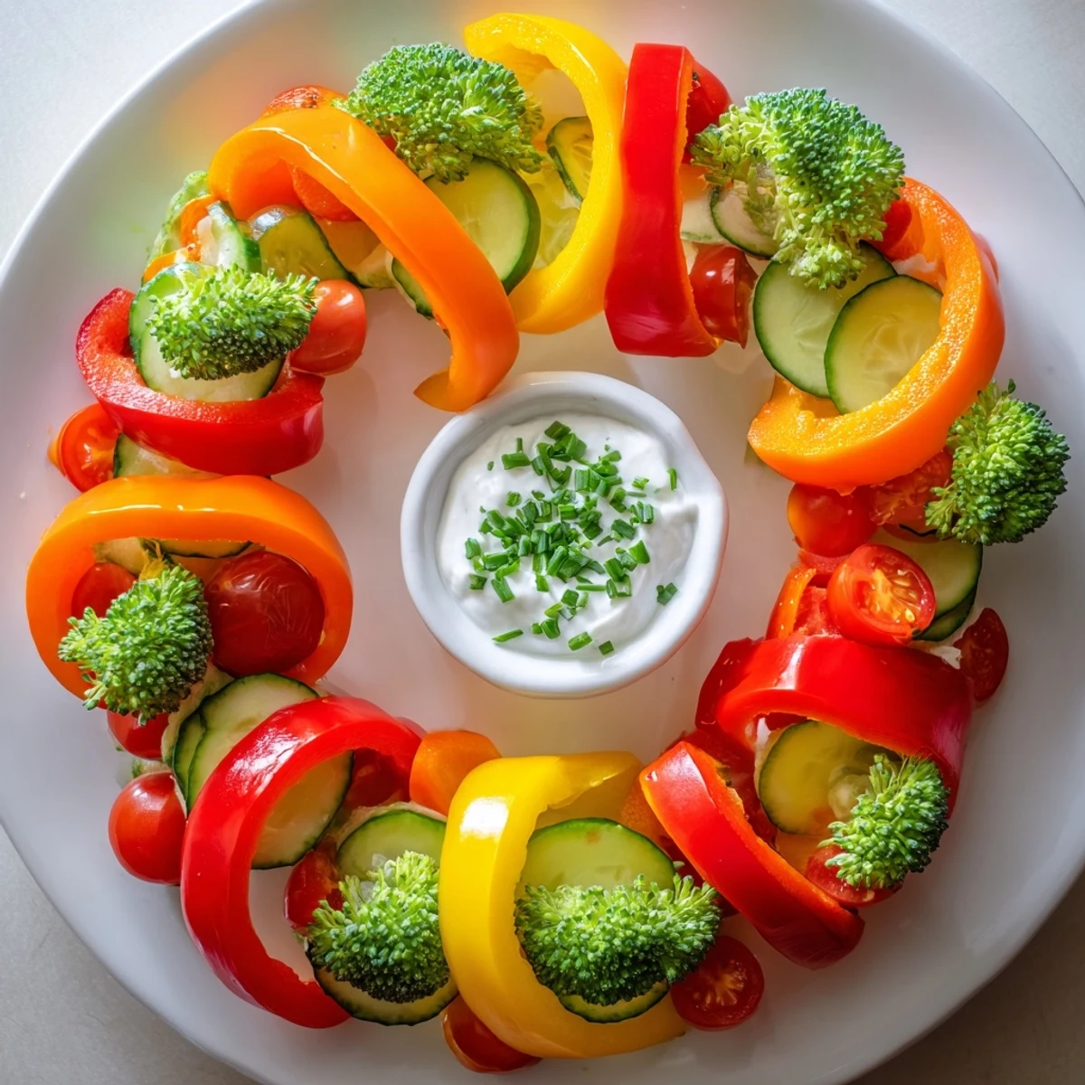 Vibrant Festive Bell Pepper Wreath appetizer, featuring colorful pepper rings, ready to serve with creamy dip.