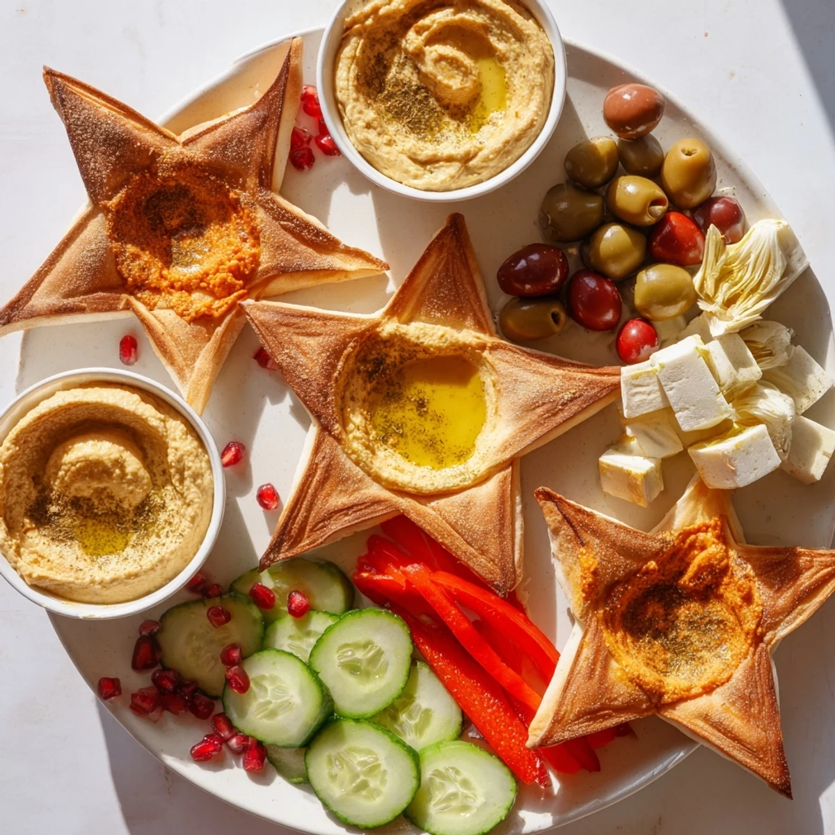 Warm, crispy Three Kings Star Pita Board, perfect for dipping and sharing with friends and family. A flavorful Mediterranean appetizer, featuring vibrant vegetables alongside the star pita.
