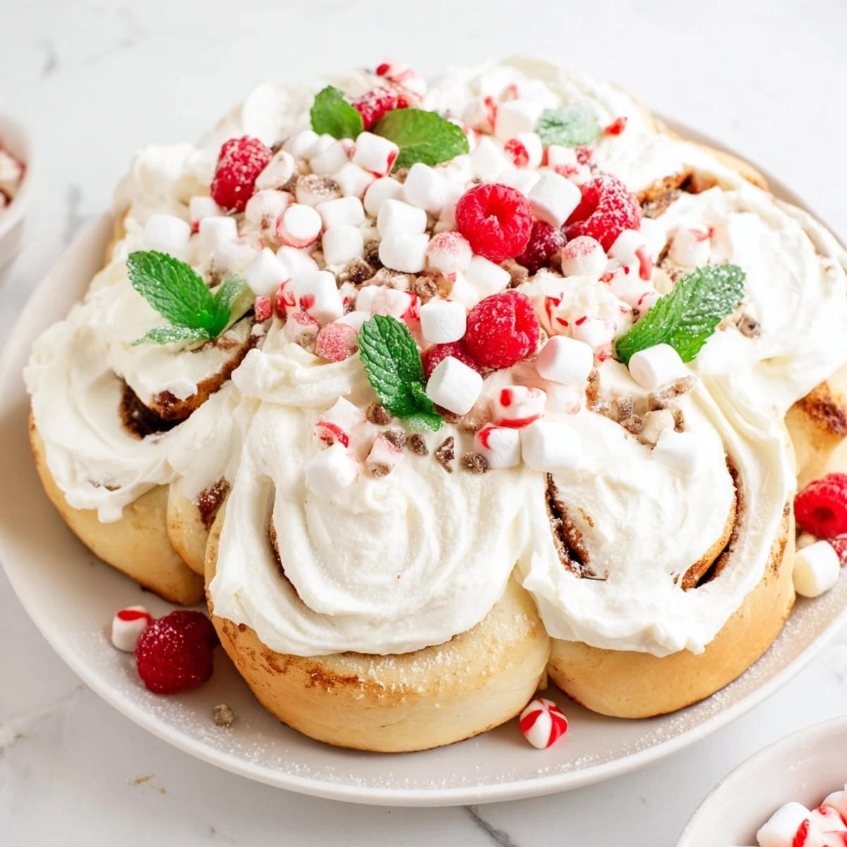 Imagine a beautiful North Pole Cinnamon Roll Board: warm, sweet rolls with creamy frosting and colorful treats.