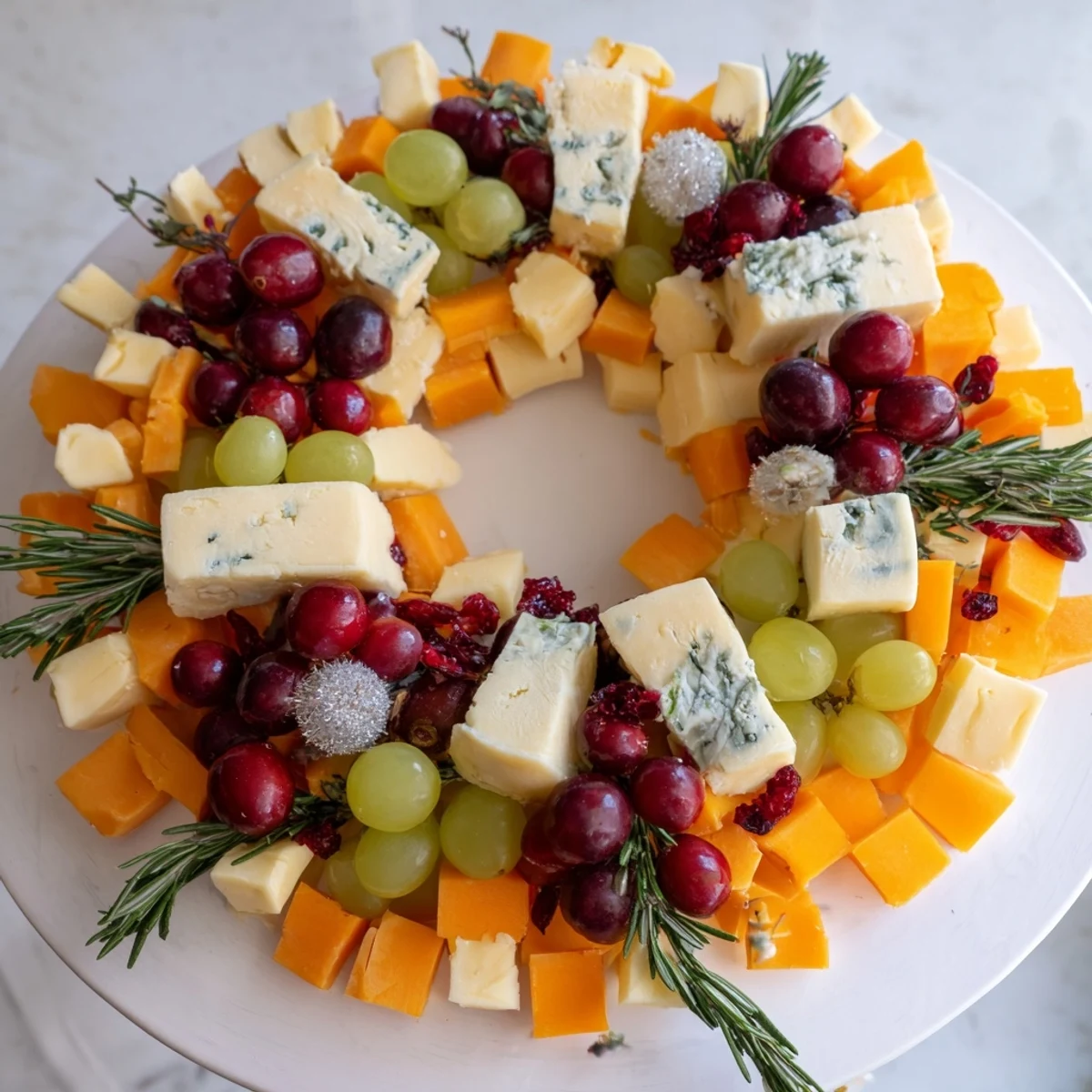 Holiday Wreath Cheese Ring: A colorful display of cheeses, fruits, and nuts arranged in a festive wreath.