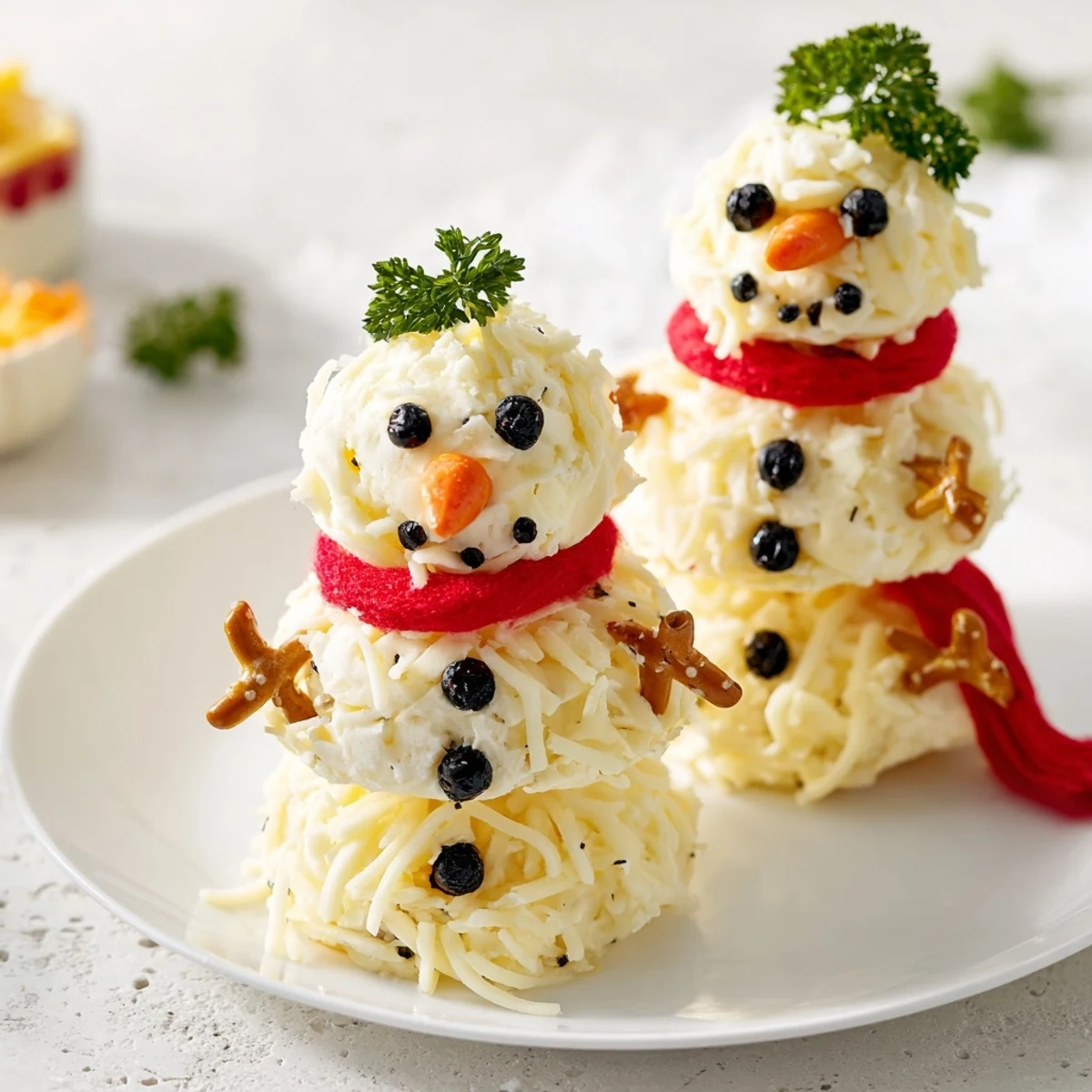 Festive Snowman Cheese Ball Trio, creamy and delicious, ready to serve with crackers and veggie sticks.