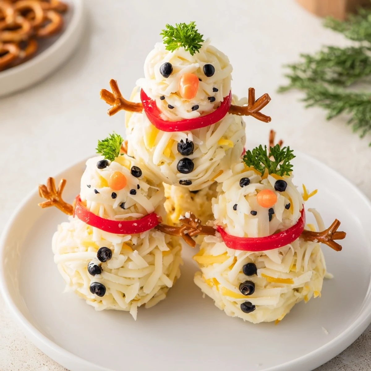 These charming Snowman Cheese Balls, decorated with veggies, create a delightful, holiday appetizer display.
