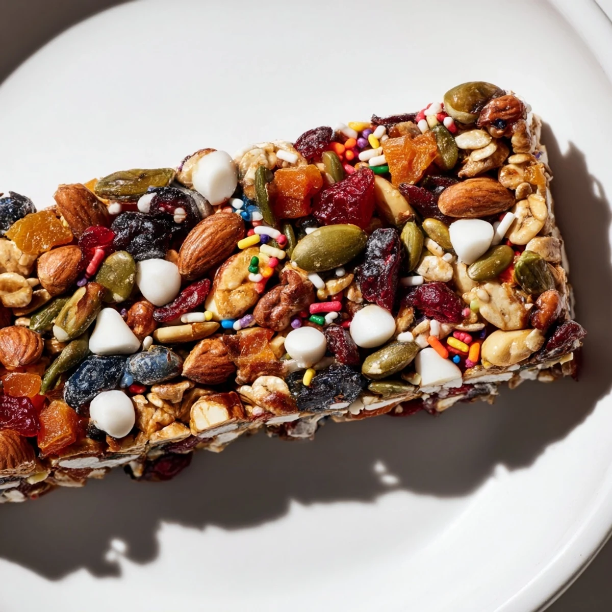 Winter Wonderland Trail Mix Bar: a close-up of a festive, golden-brown snack bar with white chocolate drizzle.