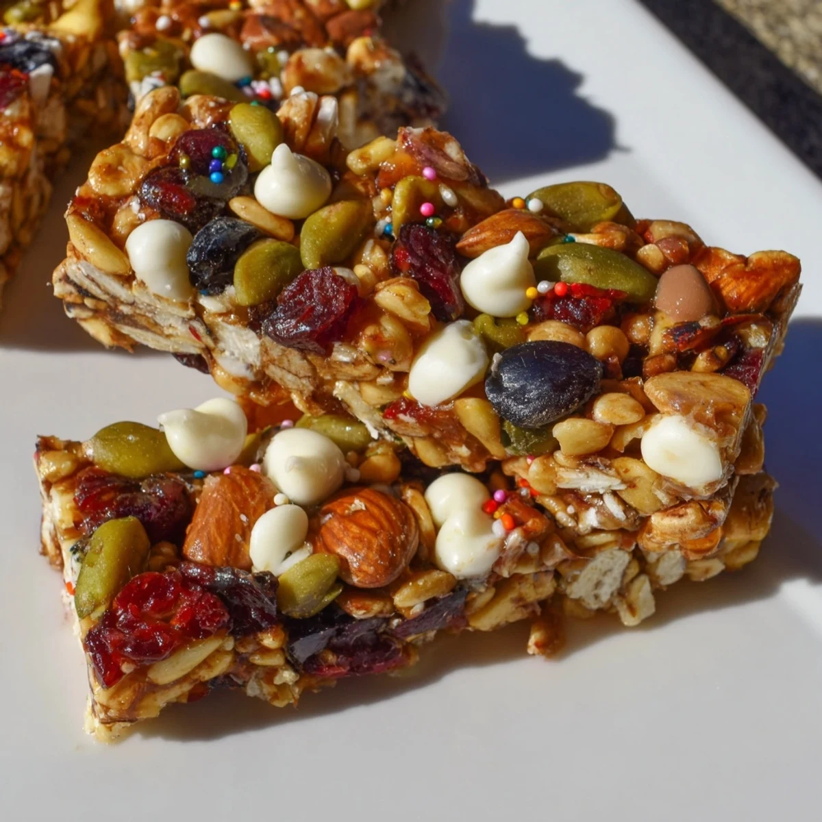 Delicious, homemade Winter Wonderland Trail Mix Bar, bursting with colorful dried fruit, nuts, and crunchy oats.