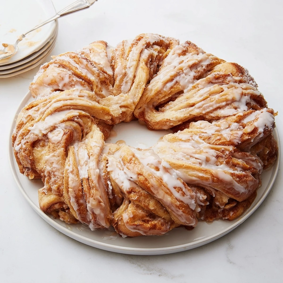 Fluffy Giant Snowflake Sweet Roll centerpiece, golden brown, iced, is perfect for breakfast.