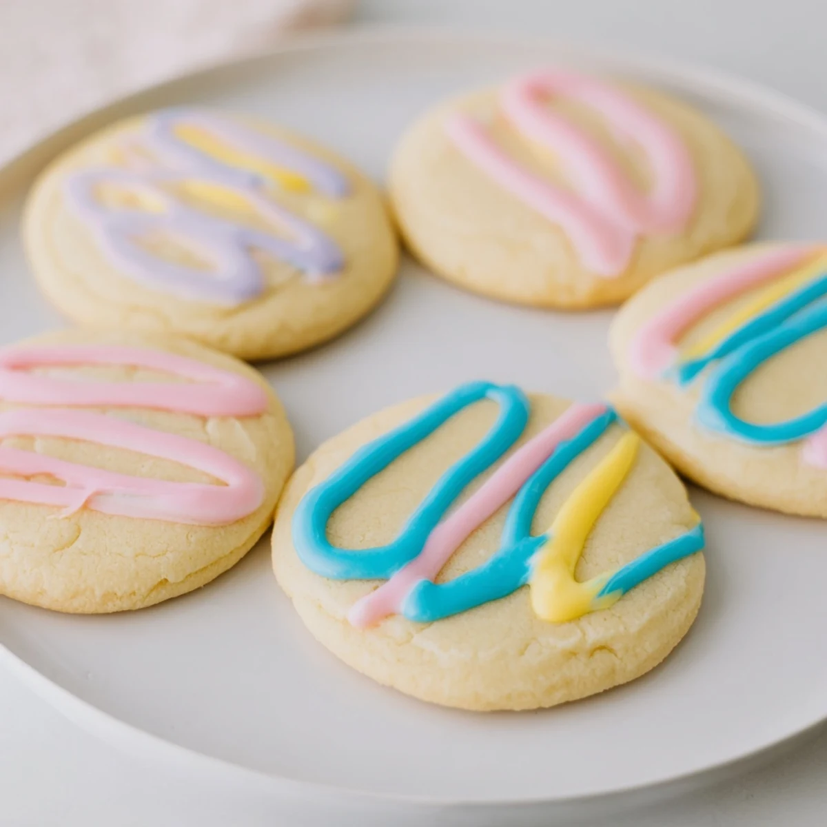 A plate of freshly baked sugar cookies with a colorful icing drizzle, ready to enjoy.