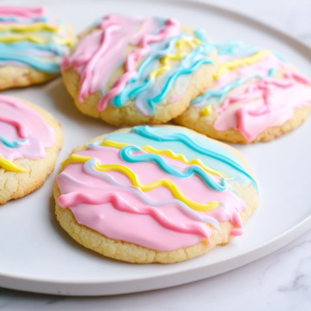 Buttery, golden sugar cookies are topped with a sweet, vibrant icing drizzle for dessert.