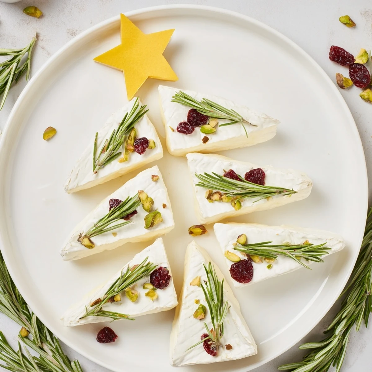 Elegant Simple Brie Triangle Cheese Tree: a festive appetizer arranged with rosemary and cranberries for a holiday season celebration.