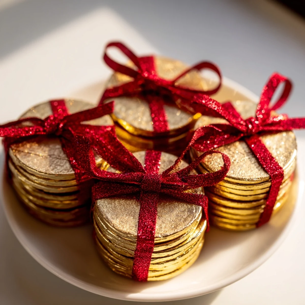 Shiny chocolate gold coin display, assembled with ribbon, a sweet edible dessert.