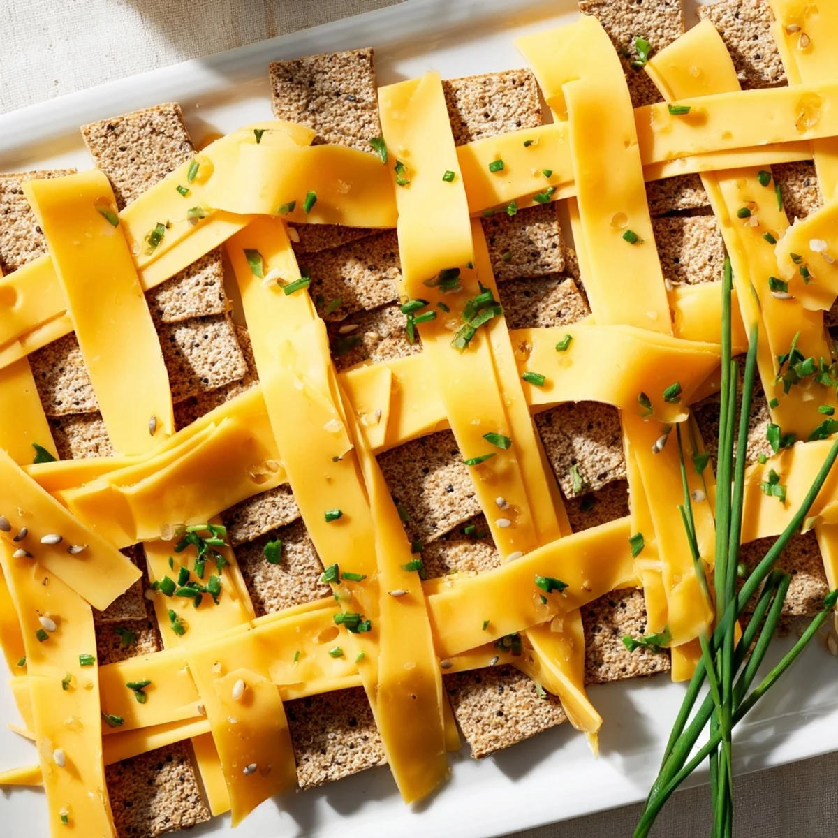 Golden-brown crackers and cheese squares are arranged in a beautiful Garden Gate Lattice appetizer.