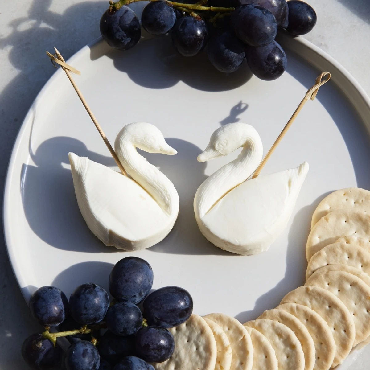 Elegant Swan Lake Board with cheese swans and vibrant blue grapes for a stunning appetizer.