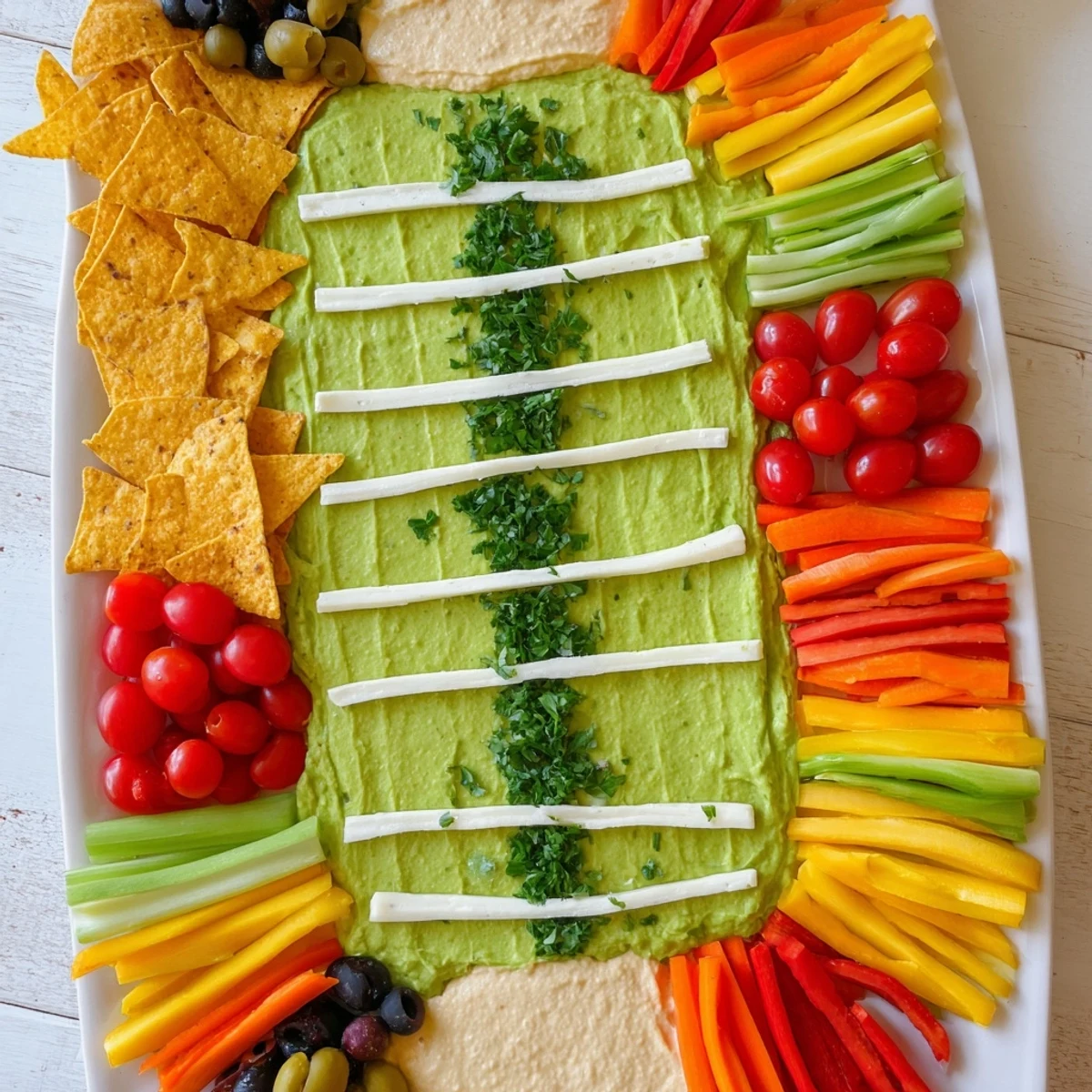 Delicious and colorful Game Day Football Field Snack Board with tortilla chips, colorful bell peppers, and fresh herbs.