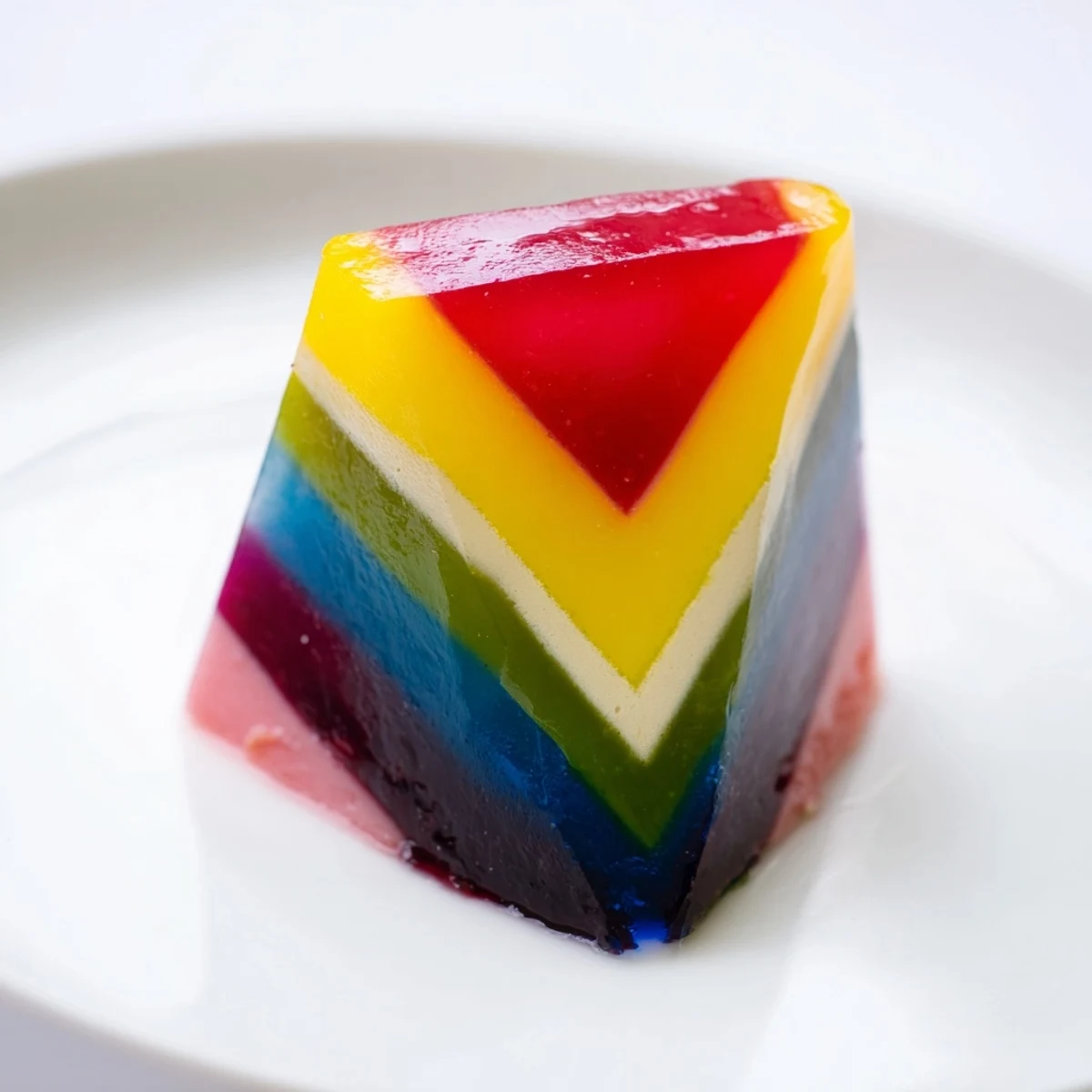 A close-up of The Kaleidoscope, showcasing stunning V-shaped segments of fruity, chilled dessert.