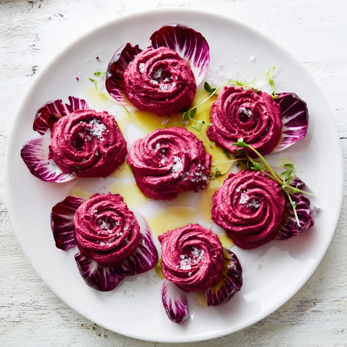 Vibrant beet hummus roses, part of The Velvet Rose appetizer, served on crisp red radicchio leaves.